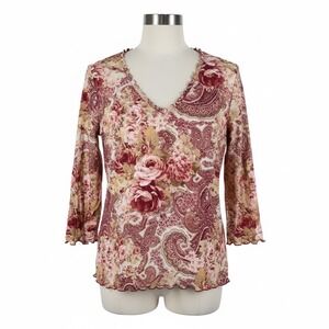 Moa Moa Floral‎ Paisley Mesh Top Womens Large Roses Y2K 90s Romantic Vintage
